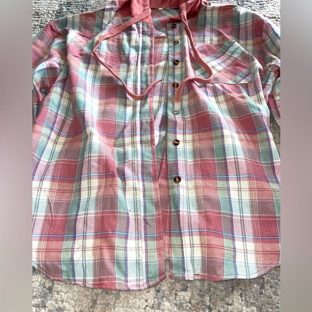 Plaid Button-Up Shirt with Hood size large - Picture 2 of 3